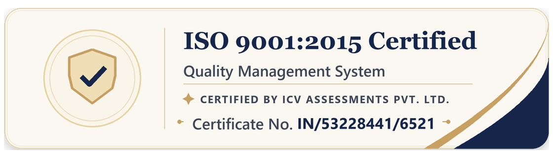 ISO 9001:2015 Certified, Quality Management System, certified by ICV Assessments Pvt. Ltd. Certificate number IN/53228441/6521. Opens the certificate PDF.